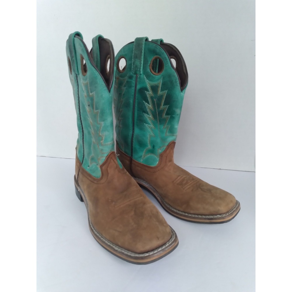 Cowboy Western Boots Square Toe Turquoise Brown Leather Work Boots‎